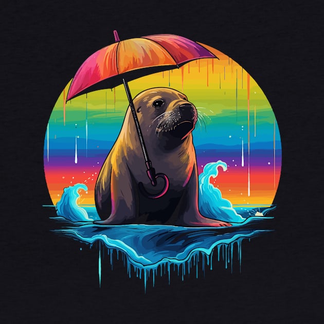 Sea Lion Rainy Day With Umbrella by JH Mart